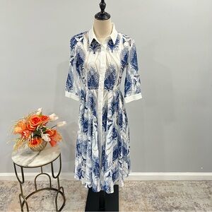 Gracia Blue & White Pattered Lace Detail Button Down Midi length Dress - Reemoly